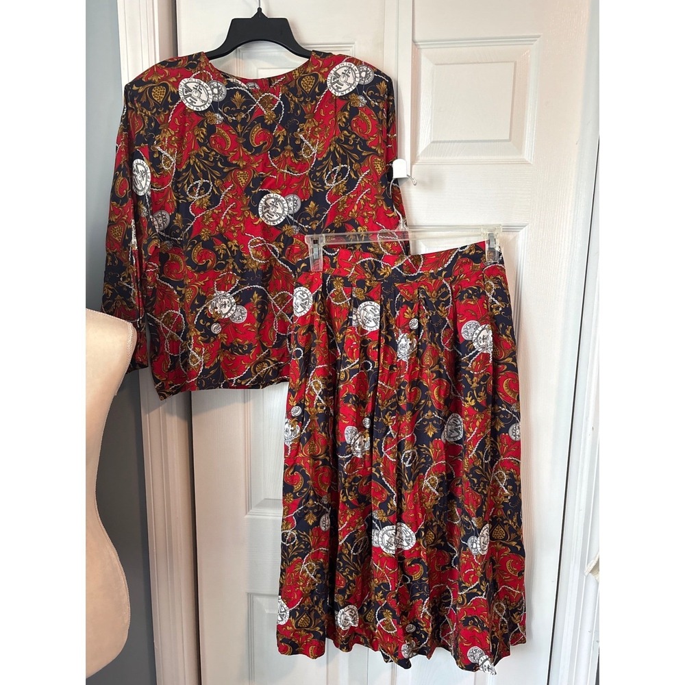 Vintage Baroque Print 2 Piece Skirt Set‎ Red Navy Gold Medallion Clock Midi XL